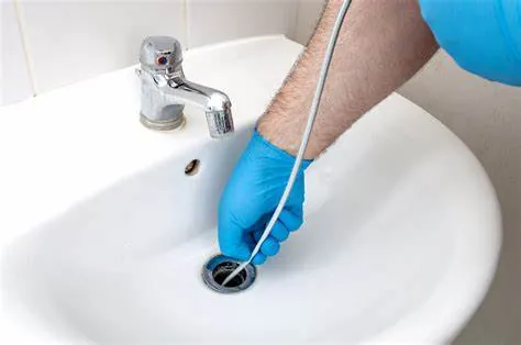 Gloved hand clearing a bathroom sink drain with a drain snake