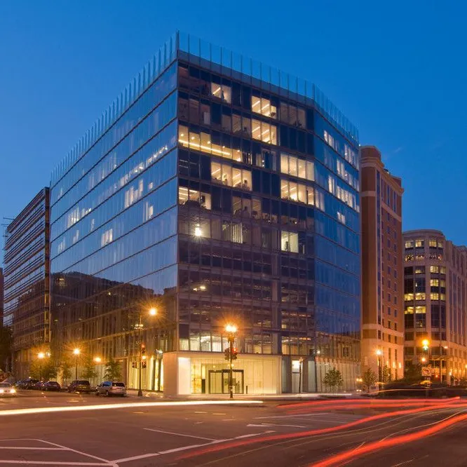 Commercial office building at dusk