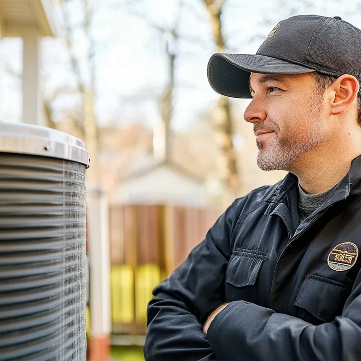 HVAC technician standing beside an outdoor air conditioning unit
