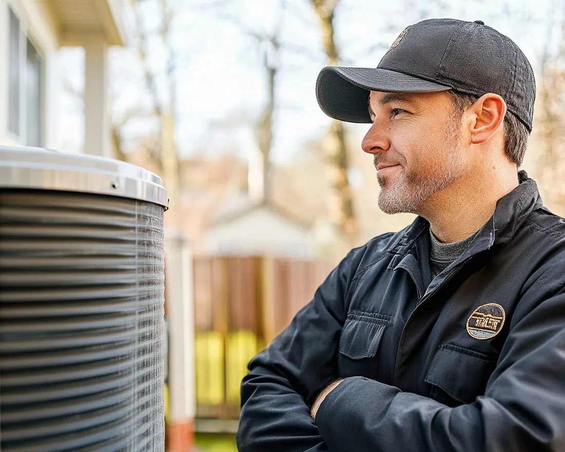 HVAC technician standing beside an outdoor air conditioning unit