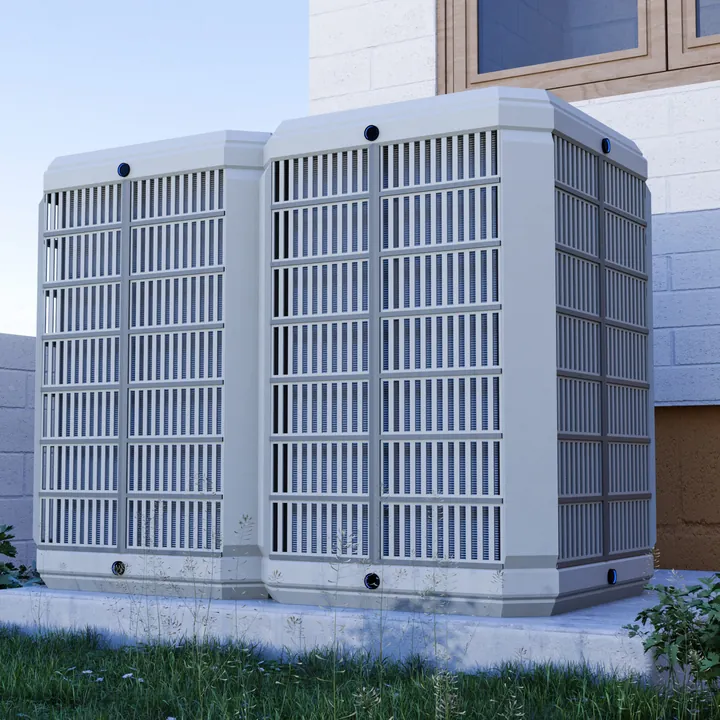Outdoor air conditioning units on a pad beside a house