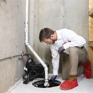 Plumber fitting a sump pump into a floor pit