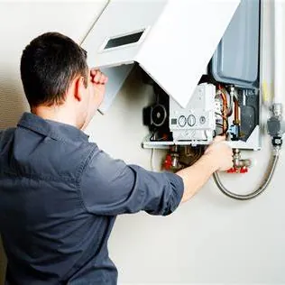 Technician servicing a wall-mounted boiler
