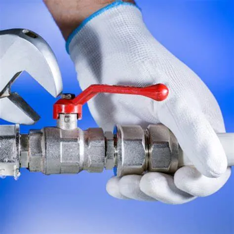 Gloved hand turning a red-handled shut-off valve
